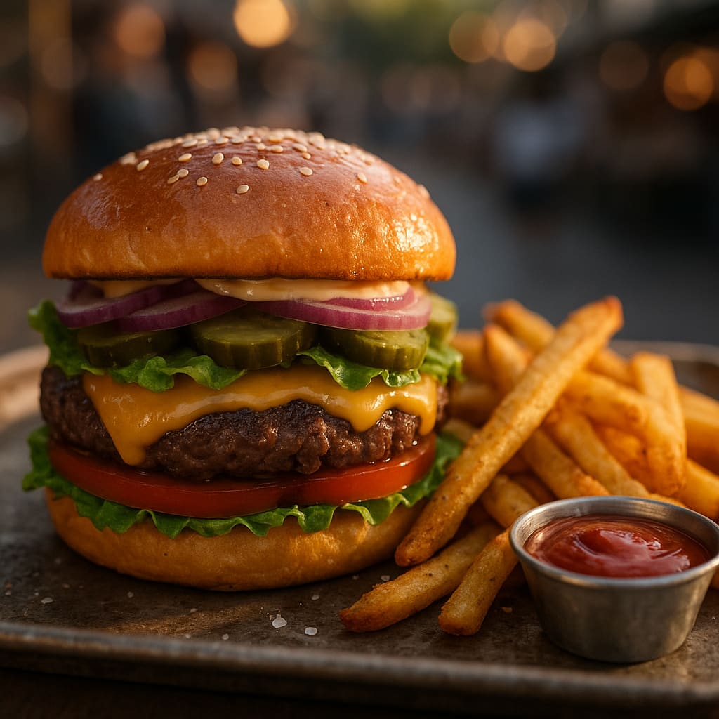 Gourmet burger with fries
